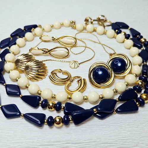 Trifari Crown Trifari 3 Necklaces 4 Pr Earrings Gold Navy Cream Beaded Clip Post