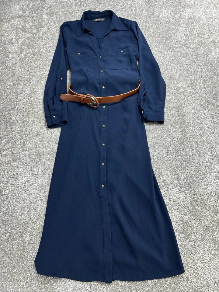Vestido camisero Zara para mujer pequeño azul midi manga lengüeta enrollable cinturón botón delantero Foto 2 de 4