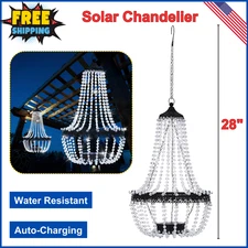 Hanging Solar Lantern Outdoor 28" Modern Crystal Acrylic Chandelier, Cool White