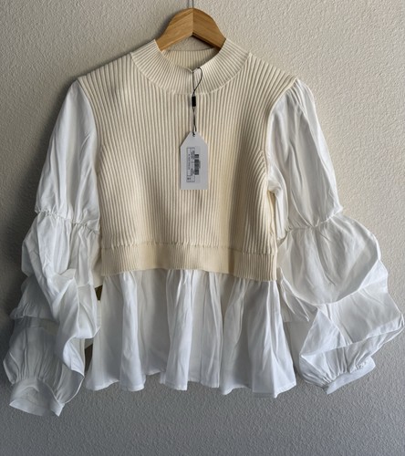NWT English Factory Ivory Mixed Media Sweater Blouse with Puff Sleeves, Size M
