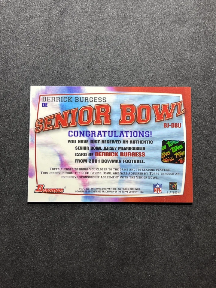 2001 Bowman Derrick Burgess Game Used Senior Bowl Jersey Memorabilia #BJ-DBU - Image 2 of 2