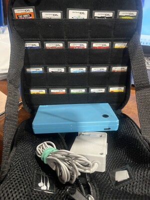 Nintendo DSi Light Blue Handheld Console Charger Case Plus 20 Games Sonic, Lego