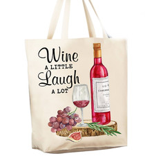 Reusable Grocery Shopping Cotton Canvas Bag, Wine Lover Laugh Alot 12 oz Tote