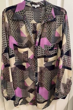 Pleione Size XL Tunic Blouse (purple,black &tan) Patchwork Long Sleeve & Pockets