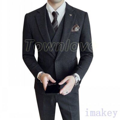 Mens Formal Dress Korean 3 Piece Pants Vest Suit Jackets Blazer Wedding  Business | eBay