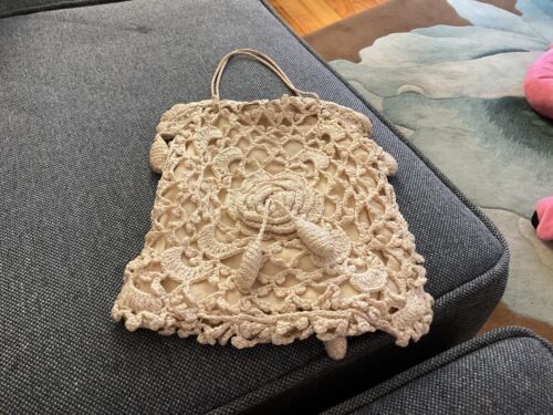 Antique Crocheted Floral Drawstring Bag Purse w/ Hand-Stitched Raw Silk Lining.