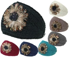 Winter Headband with Feather and Beads Flower Accent Ear Warmer