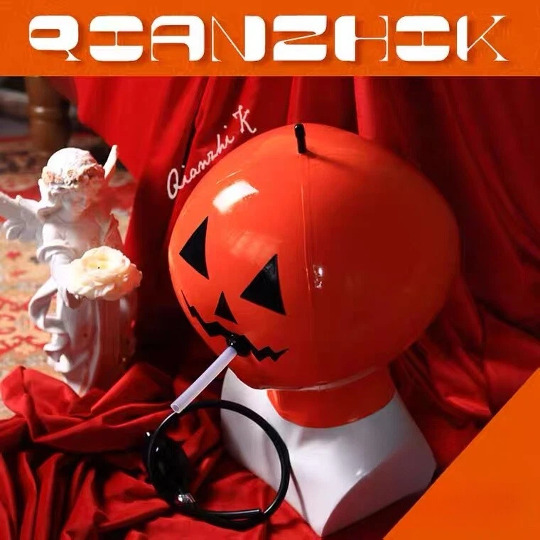 Máscara de goma con capucha cabeza de calabaza de látex aireado experiencia asfixia fetiche juegos con disfraces Foto 2 de 4