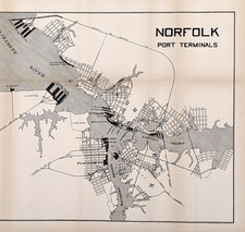 1909 NORFOLK Harbor VIRGINIA Map PORT  TERMINALS - HARBOR - Portsmouth Original 