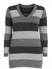 WOMEN LONG SLEEVE STRIPE JUMPER SWEATER PULLOVER TOP V NECK DRESS IN PLUS SIZE