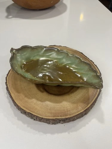 Frankoma 225 Leaf Pattern Ceramic Decorative Bowl Green Brown Art Pottery