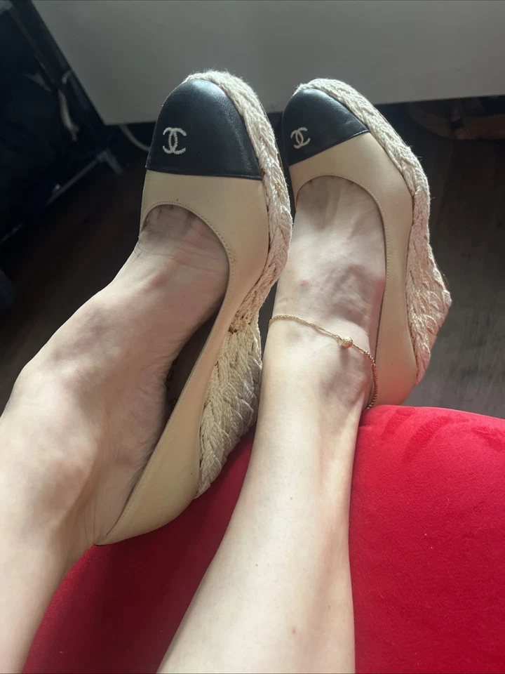 复古香奈儿帆布鞋楔形高跟鞋凉鞋 35.5 35 1/2 — 第 2/4 张图片