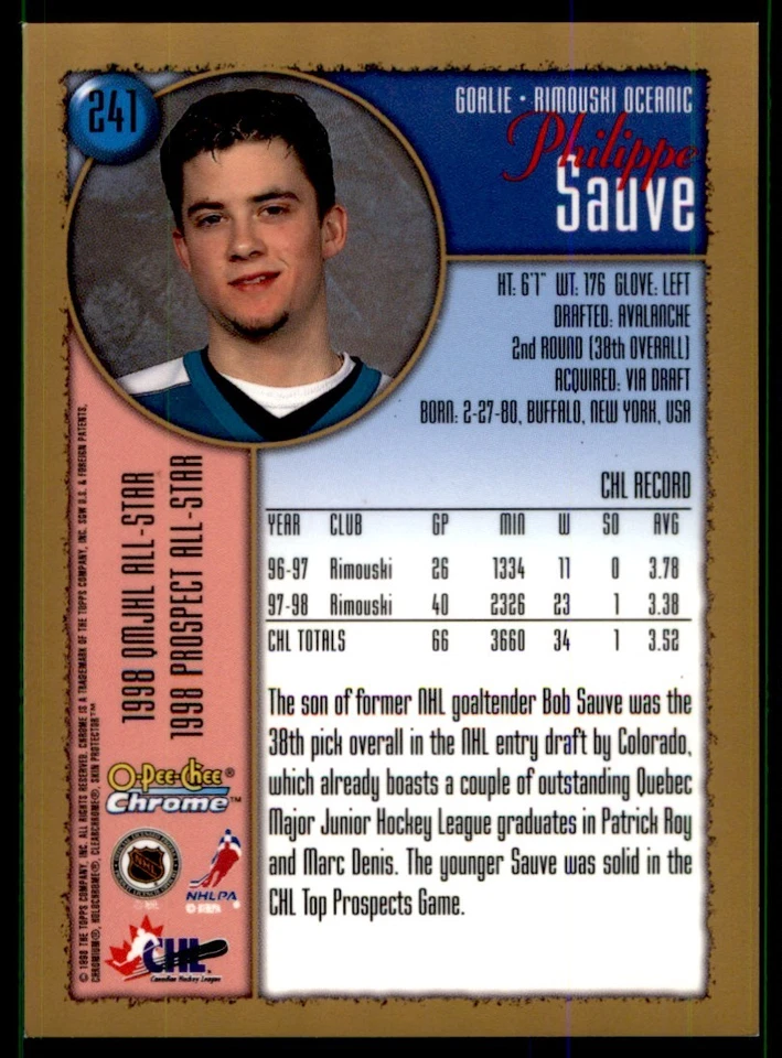 1998-99 O-Pee-Chee Chrome Philippe Sauve RC Rimouski Oceanic #241 - Image 2 of 2