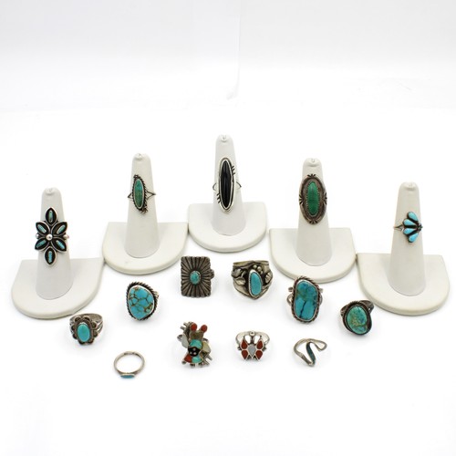 Southwest Sterling Turquoise Red Coral Black Onyx Rings Lot of 10 #S3043-1