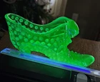 Fenton Hobnail Blue/Green Glass Slipper Uranium Cat Head