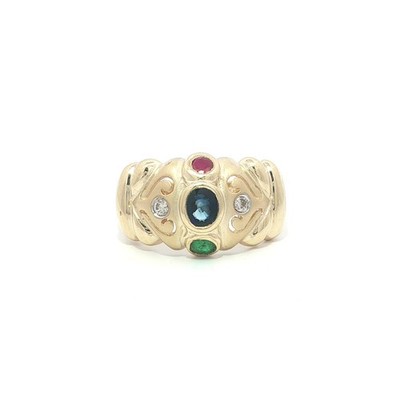 14K Gelbgold Saphir Smaragd Rubin & Diamant mattes Finish gepuffter Bandring