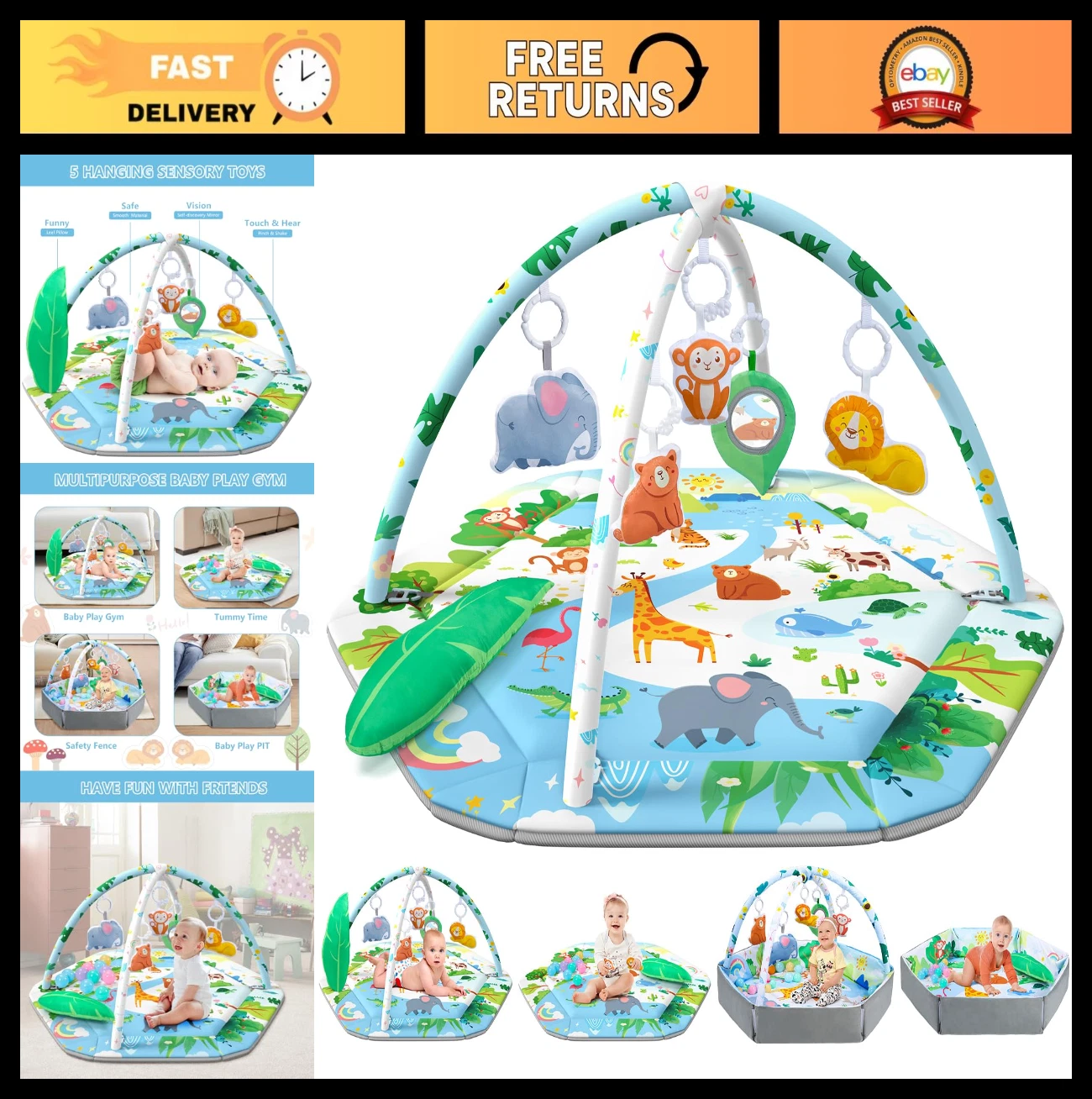 8-in-1 Baby Gym Play Mat & Tummy Time Mat, Washable Activity Ball Pit with Toys,