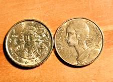 2 coins France Marianne now and earlier, 10 euro cents 2010 and 10 centimes 1978