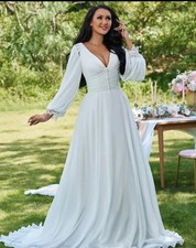 New A-Line Chiffon Medieval Boho V-Neck Long Sleeve Train Wedding Dress 14