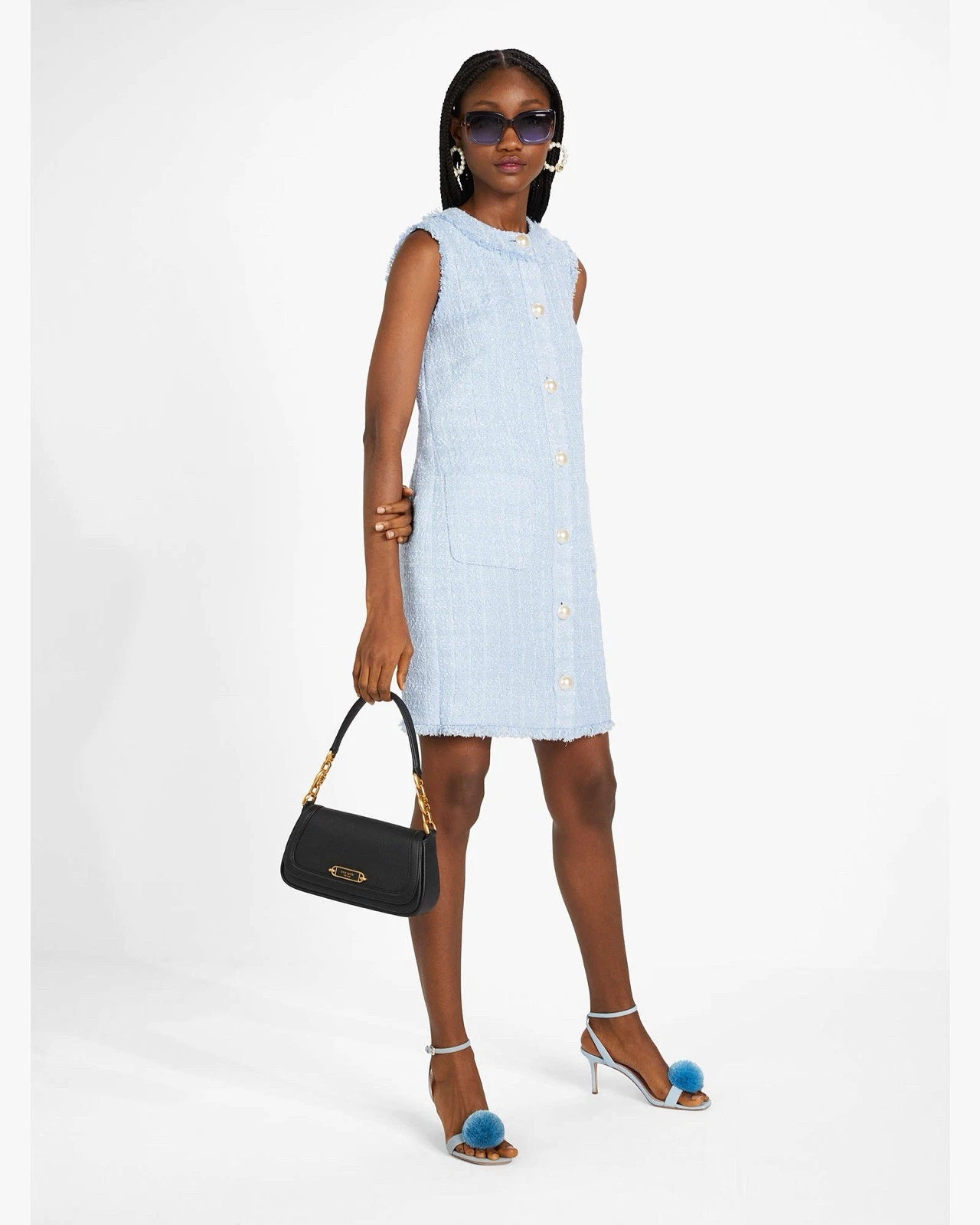 Abito a tubino Kate Spade in tweed nuovo con etichette ortensia pallida taglia 4 bottoni finta perla