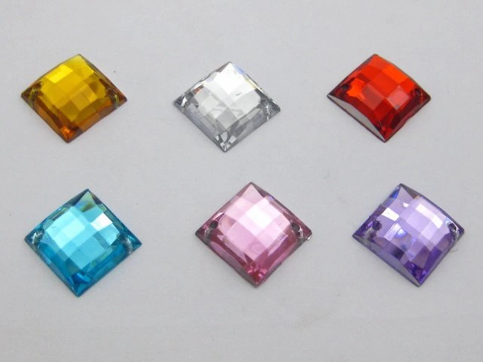 100 Flatback Acrylic Faceted Square Sewing Rhinestone Button Sew on Bead 14X14mm - Image 3 of 4