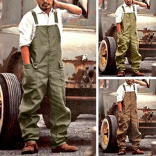 Mens Pure Color Casual Loose Pocket Trousers Overalls Cotton Suspender Pants HOT