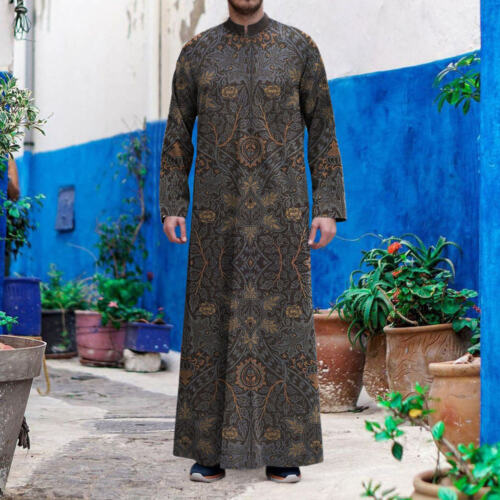 Men's Middle Eastern Clothes Long Sleeve Muslim Islamic Round Neck Flax Kaftan - Picture 1 of 6