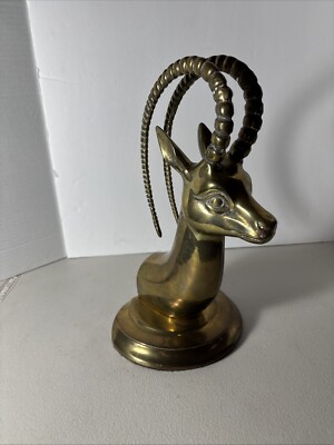 Ibex Head Curved Horns Art Sculpture Solid Brass 12  Height By 6.5  Length