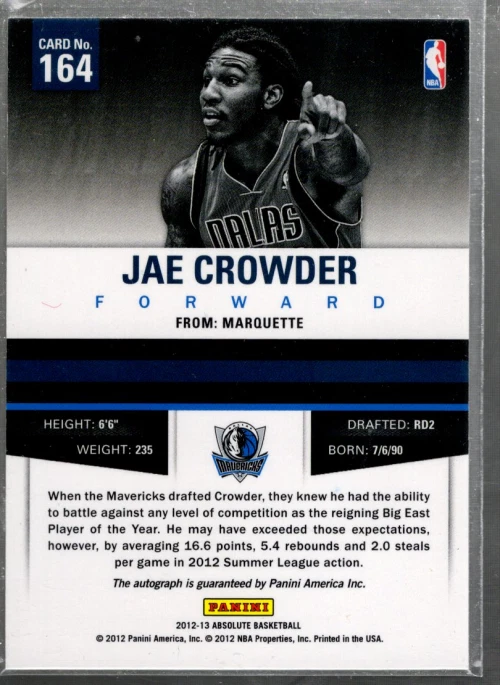 B3765- 2012-13 Absolute #164 Jae Crowder RC Auto /399 - NM-MT (ROOKIE CARD) - Image 2 of 2