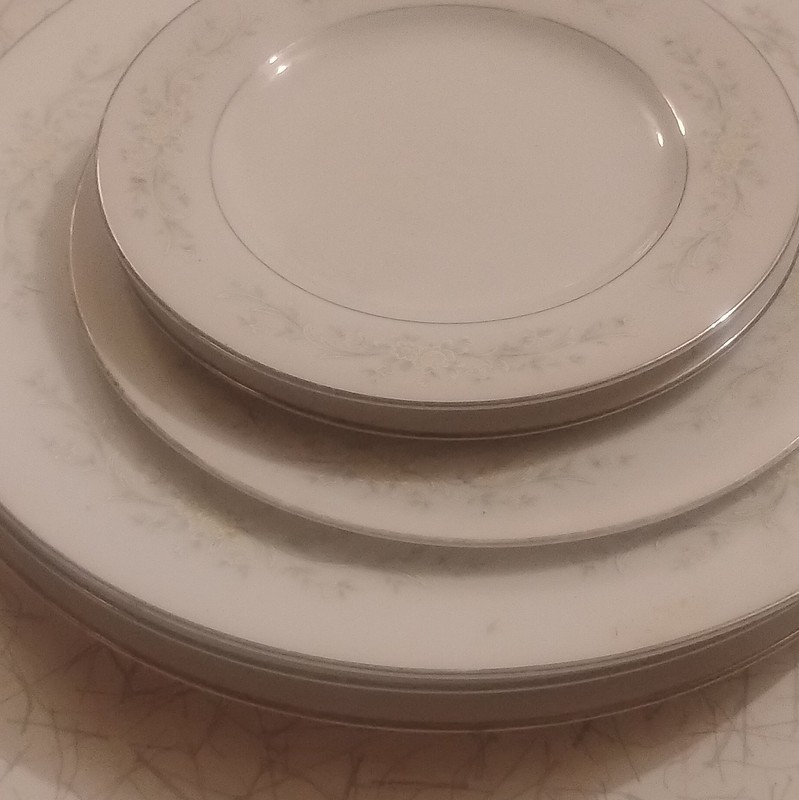 Four Crown China Sintra 340 White/Gray Floral Round Plates Set of 5 Japan