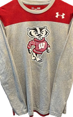 #ad Wisconsin Badgers Under Armour Long Sleeve Tee Shirt Mens Small Gray Maroon $14.99