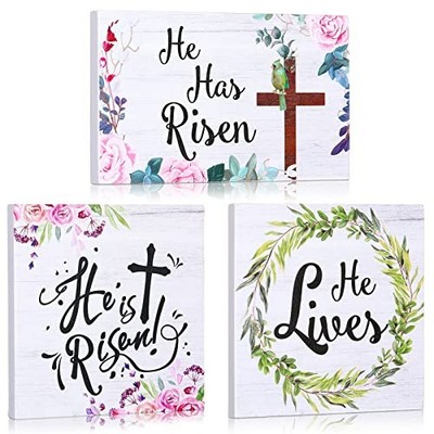  3 Pieces Easter Christian Table Decorations Signs He Is Risen Decor Wooden 