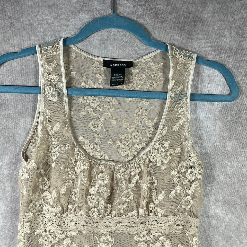 Express Tank Top Womens S Beige Floral Lace Sleeveless Sheer Y2K Boho Festival - Image 2 of 4