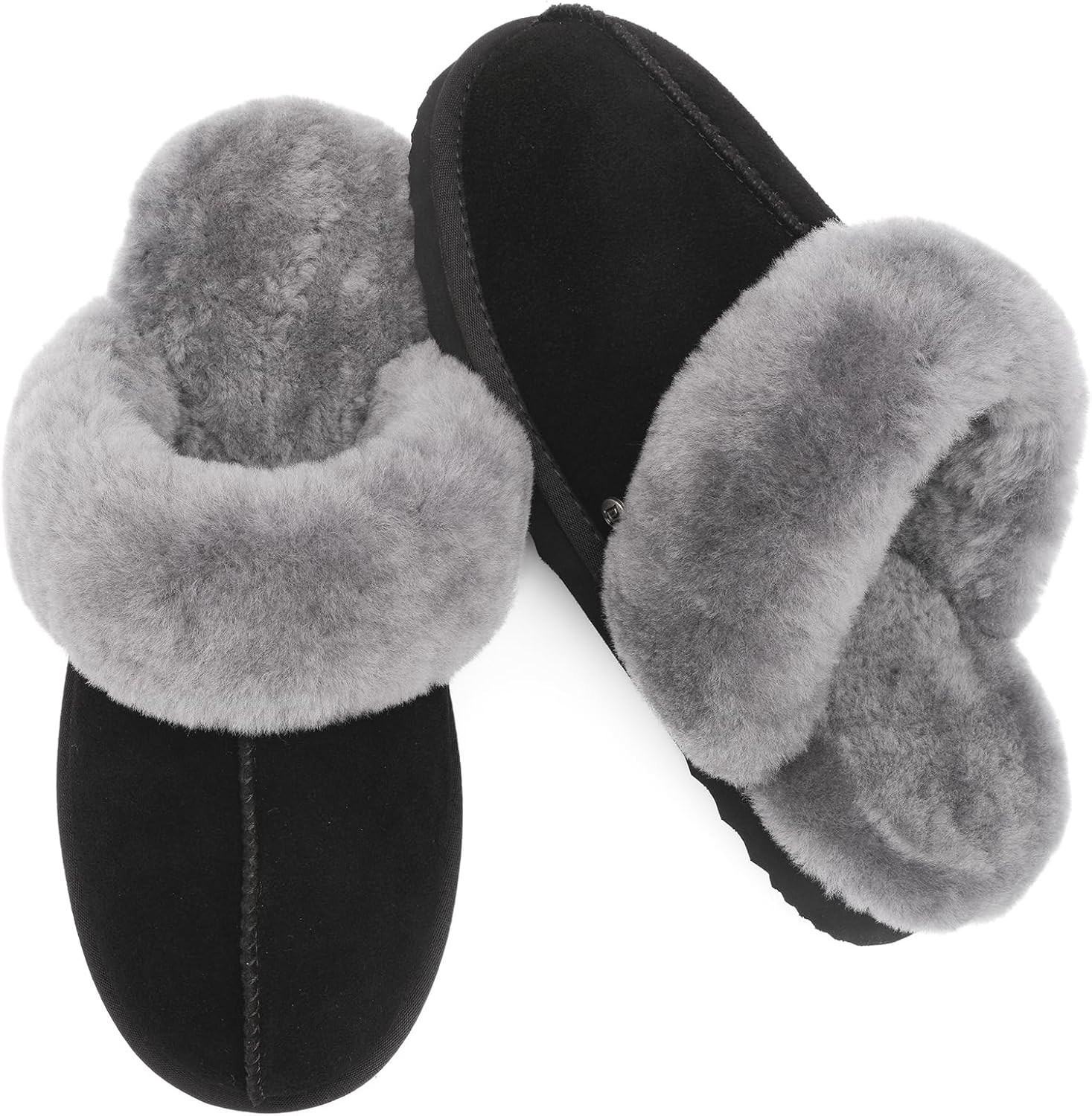 Women's Shearling Slippers Genuine Leather with Rubber Sole, Size 9