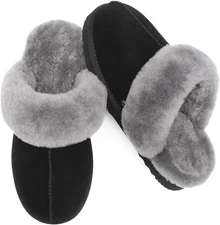 Women's Shearling Slippers Genuine Leather with Rubber Sole, Size 9