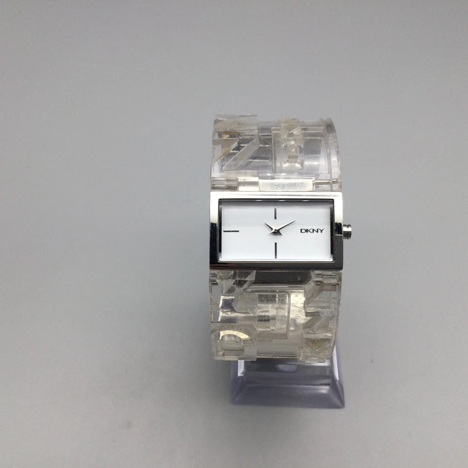 DKNY Watch Womens 30mm Silver Tone Wide Clear Logo Bangle New Battery 6.5" - Image 2 of 4