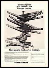 1966 Swissair Airlines Geneva Zurich Swiss Alps Ski Resort Sign Vintage Print Ad
