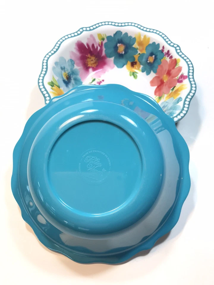 Set of 2 PIONEER WOMAN Vintage Floral Teal and Pink Cereal or Salad Bowls - Image 2 of 4