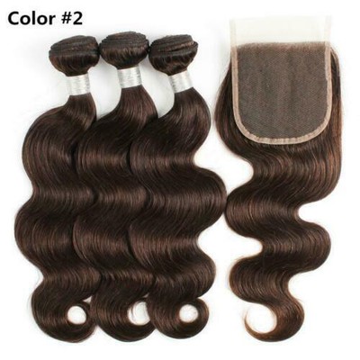 12A Brasilianisches Echthaar Schuss 3/4 Bündel + Spitze Top Verschluss = Vollkopf Farbe 2##