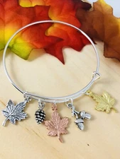 Fall~3 Colored Maple Leaves~Acorns~pine Cone~charms Expandable Bangle Bracelet