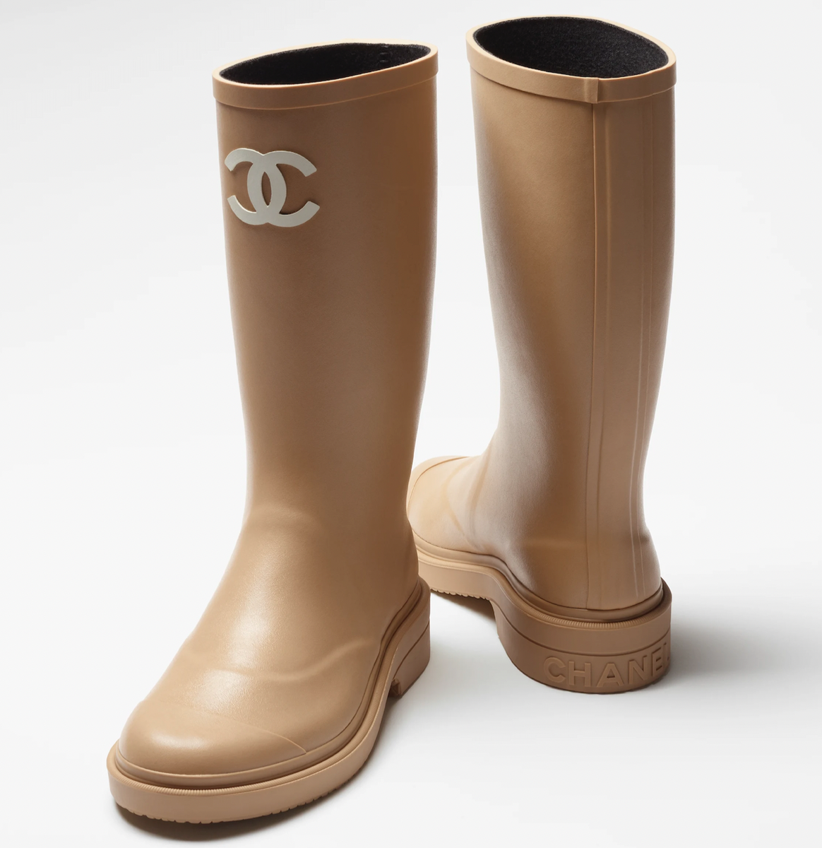 Chanel REV Beige White Wellington Wellies CC Logo Pull On Rubber