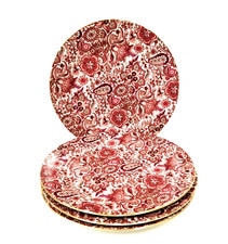 NEW SET OF 4 GODINGER MAROON RED FLORAL+24K GOLD TRIM 7.5" DESSERT,SALAD PLATES