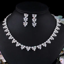 Dazzling CZ Bridal Costume Jewelry Leaf Tennis Chorker Necklace and Earring Set
