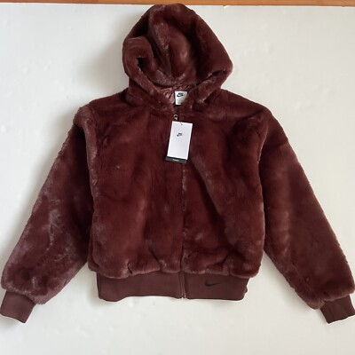 Nike Sportswear Essentials Faux Fur Jacket Size Small Bronze DD5116-273