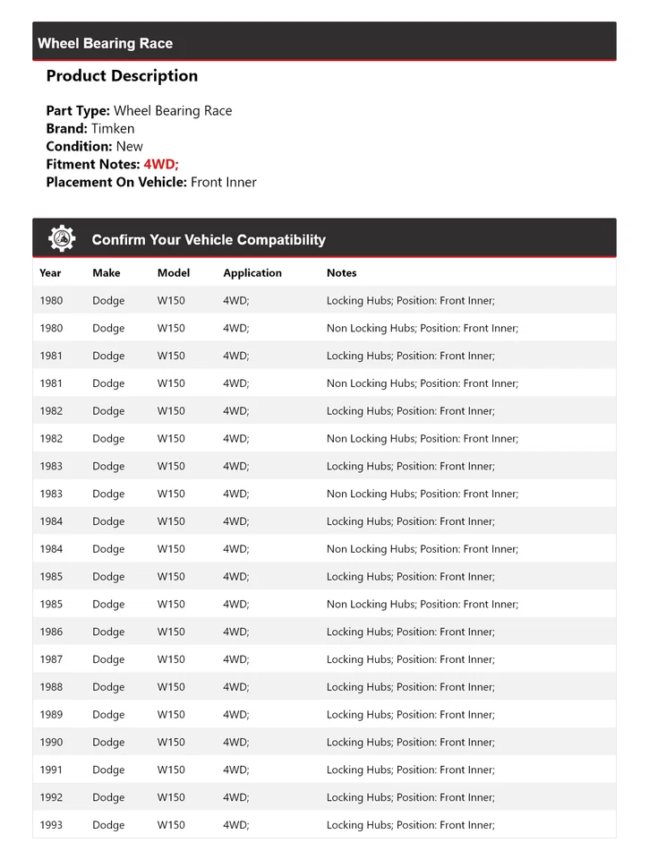Cojinete de rueda interior delantero de carrera para Dodge W150 1980-1993 4x4 Timken 1981 1982 Foto 2 de 4