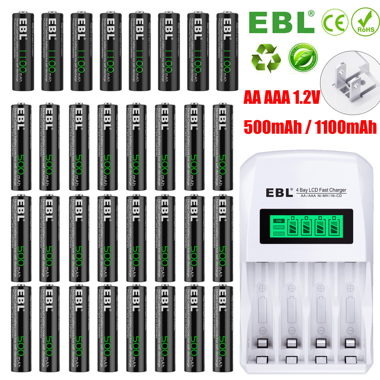 EBL AA AAA Batteries Lot 1.2V 500mAh / 1100mAh for Garden Solar Ni-Cd Light-image