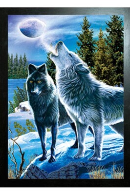 BLACK FRAMED WOLF PAIR HOWLING - 3D PICTURE PRINT 325mm x 425mm