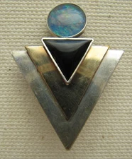 Steampunk Chevron Pin Sterling Iridescent Blue Black Stone Accent Artisan 1.5"