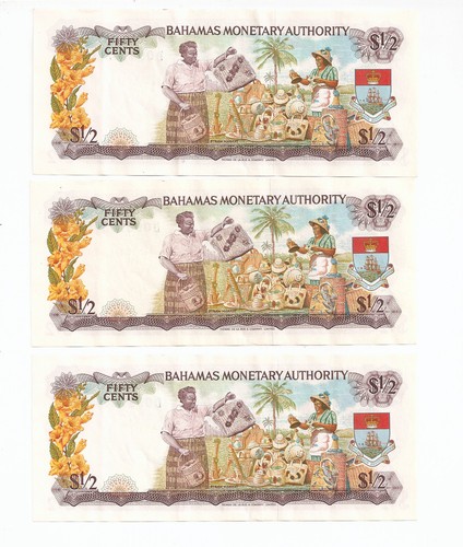 1968 Bahamas Monetary Authority 3 aufeinanderfolgende Banknoten mit niedriger Seriennummer - Bild 2 von 8