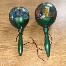 Pair Vintage Handpainted Gourd 'Mexico' Maracas Folk Art